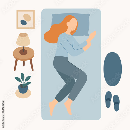 Colorful Flat Illustration of Woman Sleeping in Bed, Bedroom Interior