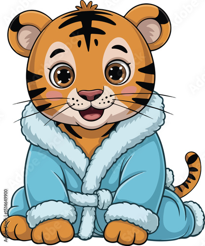 Cute Cartoon Tiger Cub in a Bathrobe – Kawaii Style Animal Illustration for Kids Coloring Book and Character Design

