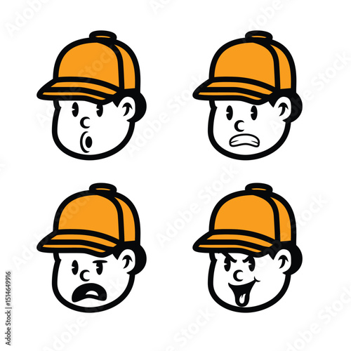 Vector set of cartoon boy with cap showing 4 expressions: shocked, angry, furious, and mischievous. Perfect for UI icons, education, comic scenes, or sticker packs
