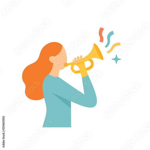 Flat Style Woman Playing Trumpet with Confetti Celebration Illustration