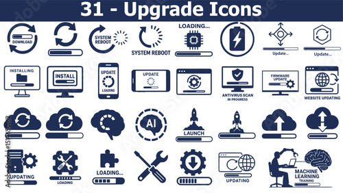Upgrade and Progress Icon Set – System Update, Loading, Installation, and Tech Symbol Vector Collection