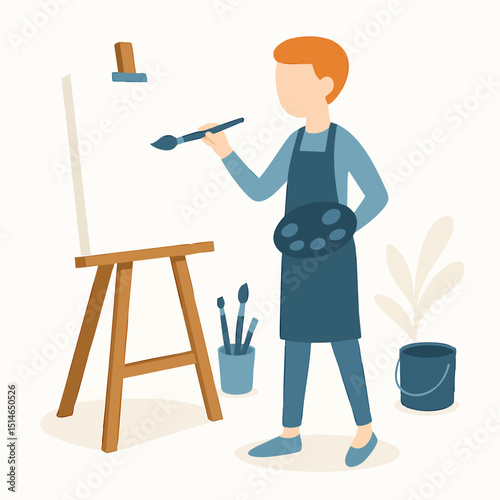 Flat Artistic Man Painting on Canvas Easel Craft Occupation Illustration