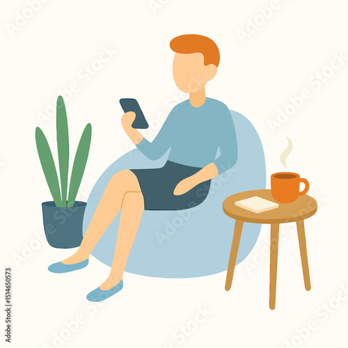 Simple Flat Style Illustration of Man Reading Tablet at Home