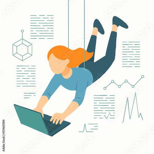 Modern Flat Style Woman Freelancer Working With Laptop Illustration
