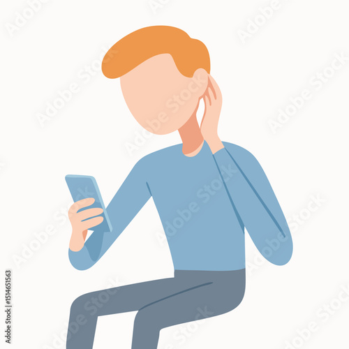 Flat Style Focused Man Holding Mobile Phone Listening Closely Illustration