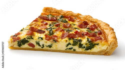 A slice of quiche with golden crust, isolated, no text or logo