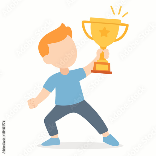 Flat Illustration of a Winning Boy Holding Up Gold Trophy Cup