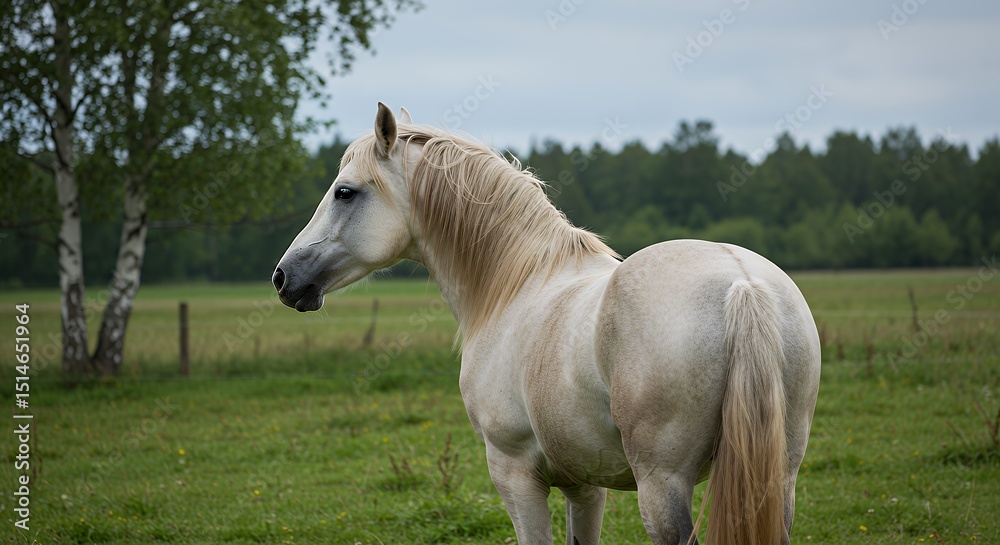 Majestic Palomino Horse in Serene Pastoral Field under a Cloudy Sky Majestic Palomino Horse in Serene Pastoral Field under a Cloudy Sky