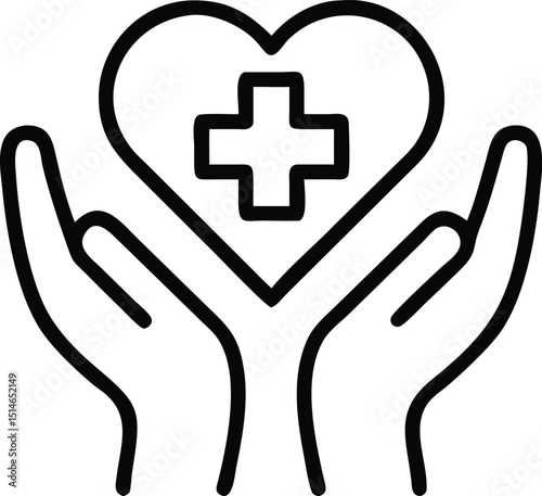 Healthcare Support Icon – Hands Holding Heart with Medical Cross. Wellness and Medical Assistance Icon.