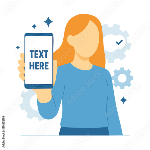 Flat Style Woman Holding Mobile Phone Displaying Content for Promotion