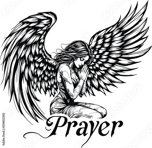 Praying Angel with Feathered Wings – Representation of Spiritual Devotion, Faith, and Serenity Vector Illustration