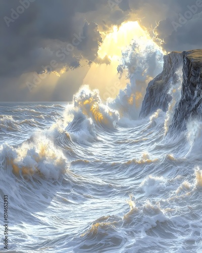 Dramatic seascape featuring crashing waves against rugged cliffs, illuminated by rays of golden sunlight breaking through dark storm clouds, creating a breathtaking contrast in colors.