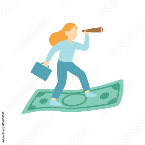 Flat Illustration Businesswoman Surfing on Money Bill with Telescope