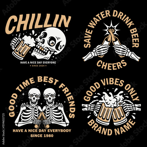 High-quality vector set. Skulls with beer mugs, bottles, and pints. Perfect for creating unique t-shirts, labels, and bar decor.