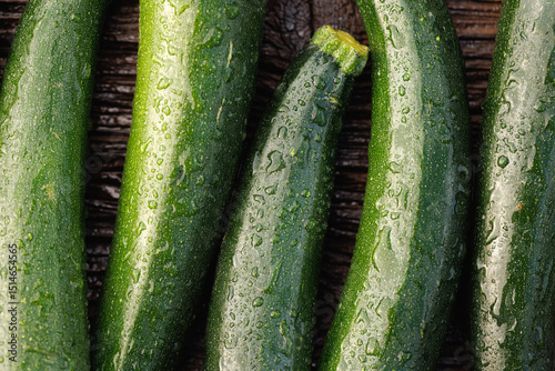 Close-up view of fresh several zucchini on a wooden background