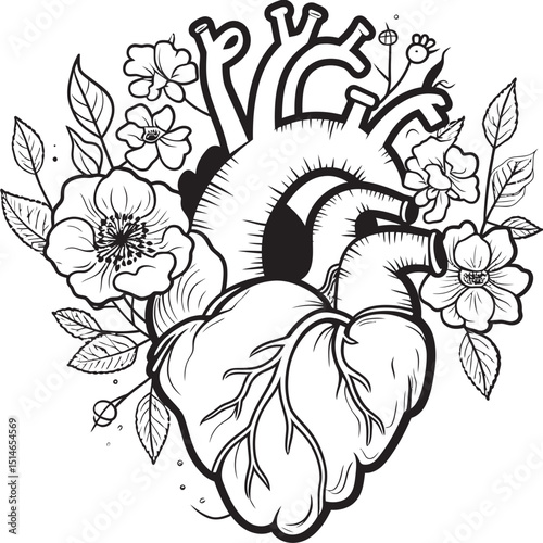 Anatomical Floral Heart Vector Black Botanical Logo Art Black Vector Floral Heart Anatomical Botanical Design Emblem