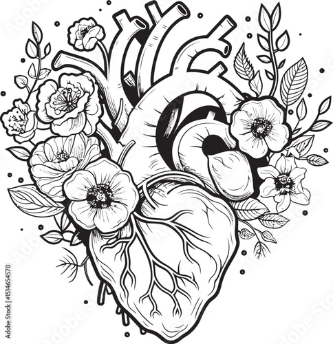 Black Vector Icon Anatomical Heart Floral Logo Design Anatomical Heart Vector Elegant Floral Black Logo Emblem