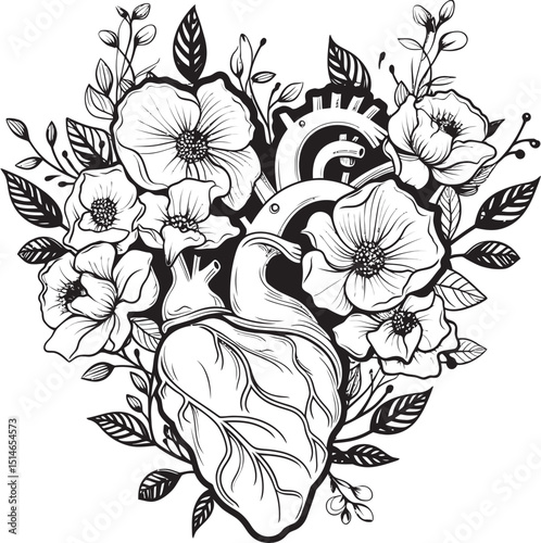 Elegant Black Botanical Heart Vector Anatomical Floral Icon Anatomical Floral Heart Black Vector Art Logo with Flowers