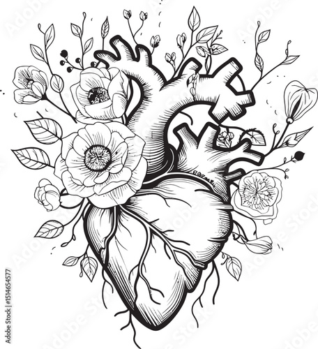 Botanical Floral Heart Emblem Black Anatomical Vector Design Black Anatomical Heart Vector with Flowers Logo Icon Design