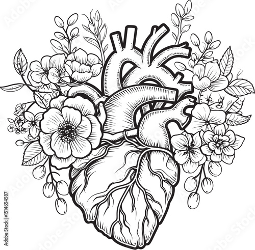 Anatomical Heart with Flowers Black Vector Logo Illustration Elegant Black Botanical Heart Vector Anatomical Floral Icon