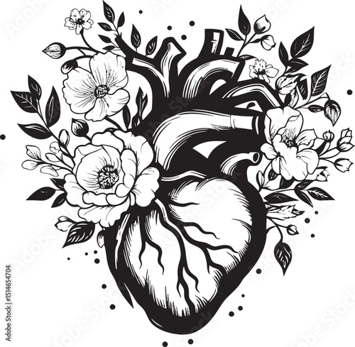 Anatomical Heart with Flowers Black Botanical Vector Icon Floral Botanical Heart Vector Black Anatomical Logo Emblem