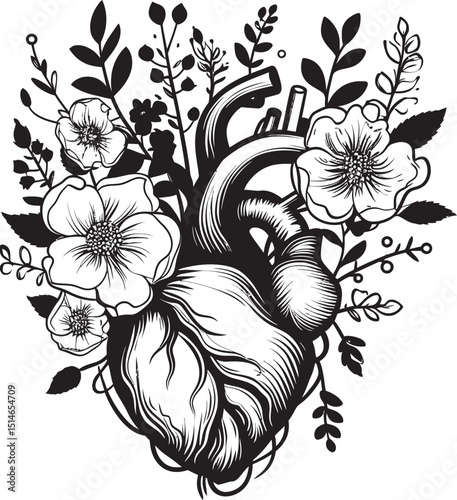 Vector Black Floral Heart Anatomical Botanical Logo Emblem Anatomical Heart with Flowers Black Botanical Vector Icon