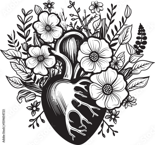 Black Anatomical Heart Vector Floral Botanical Design Logo Vector Black Floral Heart Anatomical Botanical Logo Emblem