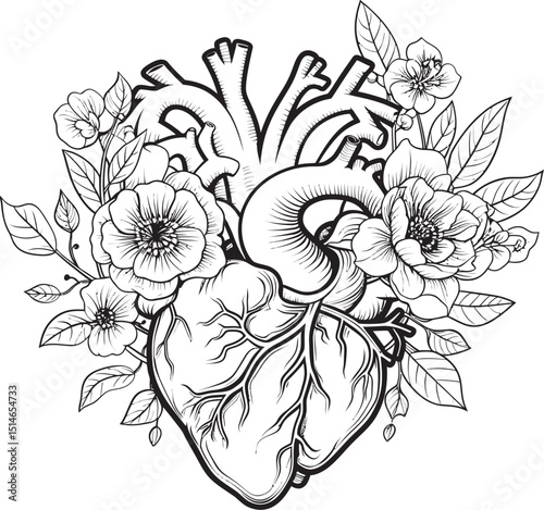 Anatomical Floral Heart Black Vector Botanical Design Icon Floral Botanical Heart Vector Anatomical Black Logo Emblem