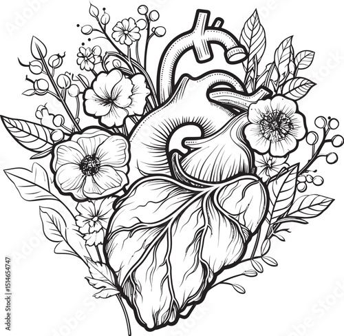 Anatomical Floral Heart Emblem Black Botanical Vector Design Black Vector Logo Anatomical Floral Heart Botanical Design
