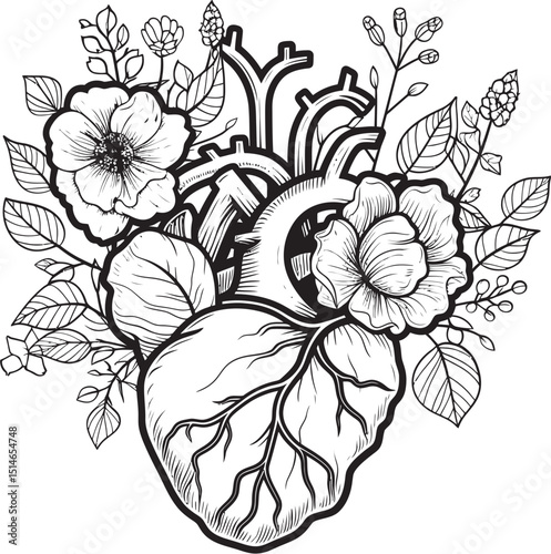 Black Vector Logo Anatomical Floral Heart Botanical Design Botanical Floral Heart Anatomical Black Vector Emblem Icon