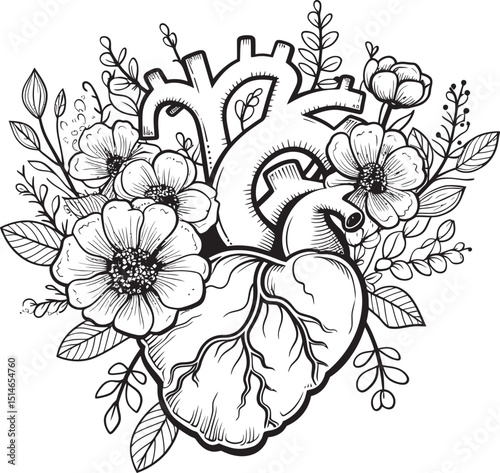Botanical Floral Heart Anatomical Black Vector Emblem Icon Anatomical Heart with Flowers Black Vector Botanical Art
