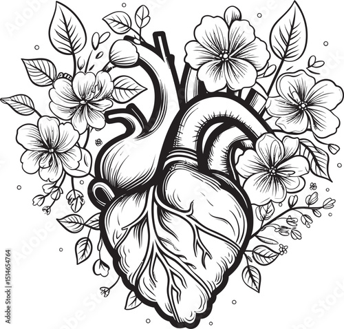Floral Botanical Heart Vector Black Anatomical Logo Emblem Anatomical Floral Heart Emblem Black Botanical Vector Design