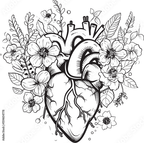 Anatomical Heart with Flowers Black Vector Botanical Art Anatomical Floral Heart Black Vector Botanical Logo Emblem