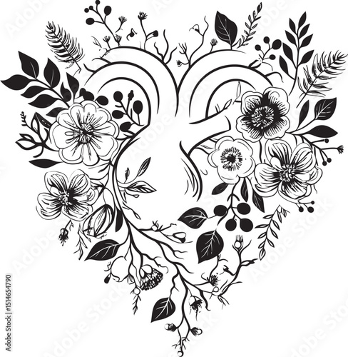 Black Anatomical Heart with Flowers Vector Botanical Design Vector Emblem Anatomical Floral Heart with Black Botanical Art