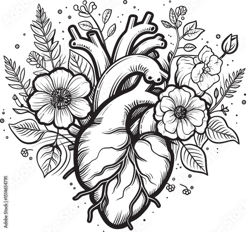 Anatomical Floral Heart Logo Black Botanical Vector Emblem Black Vector Art Anatomical Heart with Floral Botanical Design