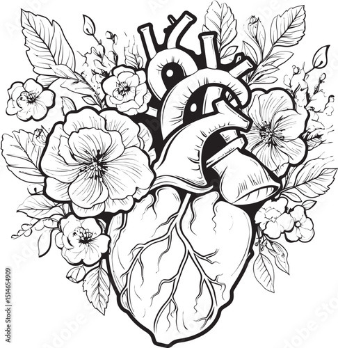 Anatomical Floral Heart Black Botanical Vector Logo Emblem Anatomical Floral Heart Vector Art Black Botanical Logo Icon