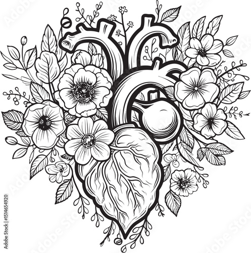 Anatomical Floral Heart Vector Art Black Botanical Logo Icon Anatomical Heart with Black Flowers Vector Botanical Emblem