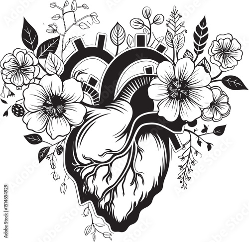 Elegant Black Floral Heart Anatomical Botanical Vector Emblem Botanical Heart Vector Black Anatomical Floral Logo Icon