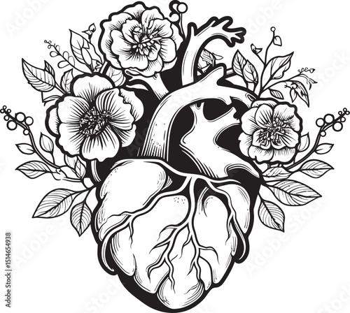 Anatomical Heart with Black Flowers Vector Botanical Emblem Black Botanical Heart Anatomical Floral Vector Logo Design