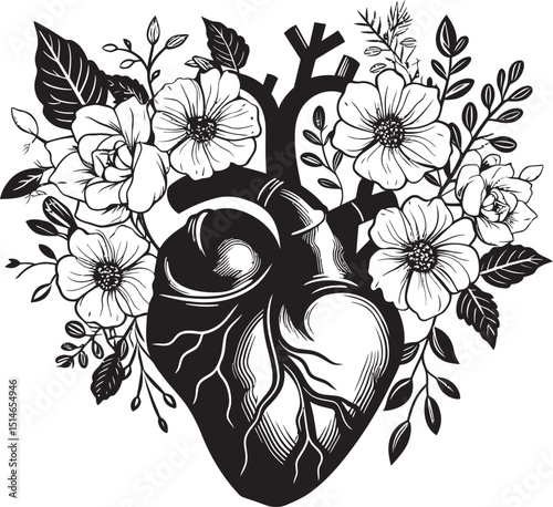Black Botanical Heart Anatomical Floral Vector Logo Design Vector Black Logo Anatomical Floral Heart Botanical Icon