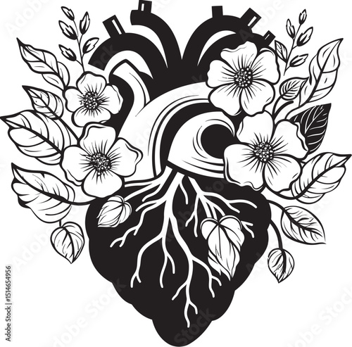 Anatomical Floral Heart Black Vector Botanical Emblem Icon Elegant Black Floral Heart Anatomical Botanical Vector Emblem