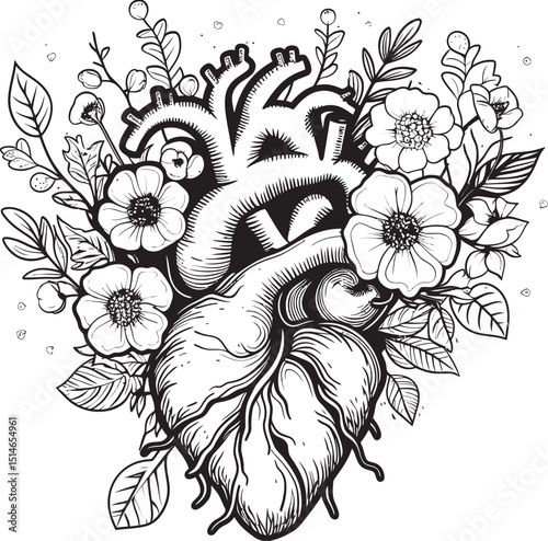 Botanical Heart Vector Black Anatomical Floral Logo Icon Anatomical Heart Vector Black Botanical Floral Design Emblem