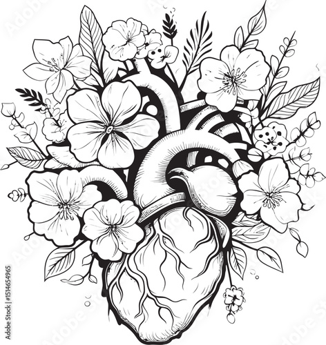 Anatomical Heart Vector Black Botanical Floral Design Emblem Black Vector Botanical Heart Anatomical Floral Logo Symbol