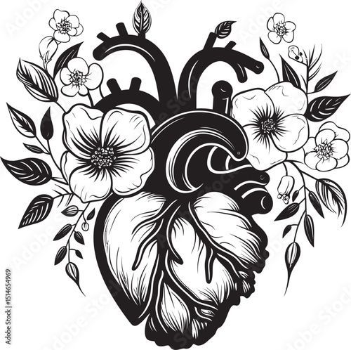 Anatomical Floral Heart Black Vector Botanical Design Emblem Black Anatomical Floral Heart Vector Botanical Logo Icon