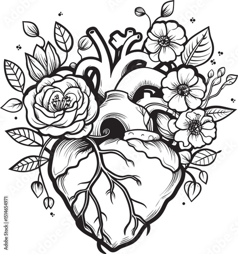 Black Anatomical Floral Heart Vector Botanical Logo Icon Anatomical Floral Heart Emblem Black Botanical Vector Art