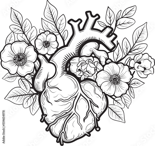 Black Vector Botanical Heart Anatomical Floral Logo Symbol Anatomical Floral Heart Black Vector Botanical Design Emblem