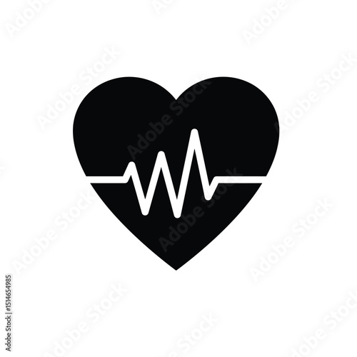 Black Heart with White Heartbeat Line Symbolizing Health and Love on a White Background