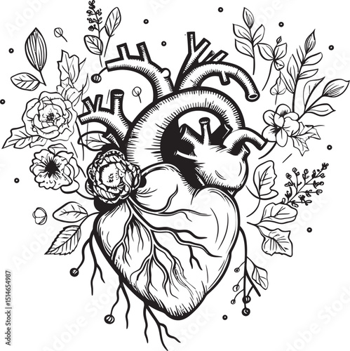 Anatomical Floral Heart Emblem Black Botanical Vector Art Vector Art Design Anatomical Floral Heart Black Botanical Emblem