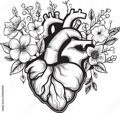 Black Floral Heart Vector Anatomical Botanical Logo Design Anatomical Heart Floral Vector Black Logo Emblem Icon