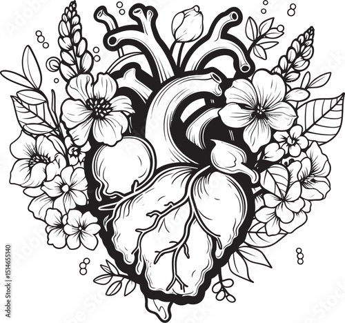Anatomical Floral Heart Vector Black Botanical Logo Symbol Vector Black Logo Anatomical Floral Heart Botanical Emblem